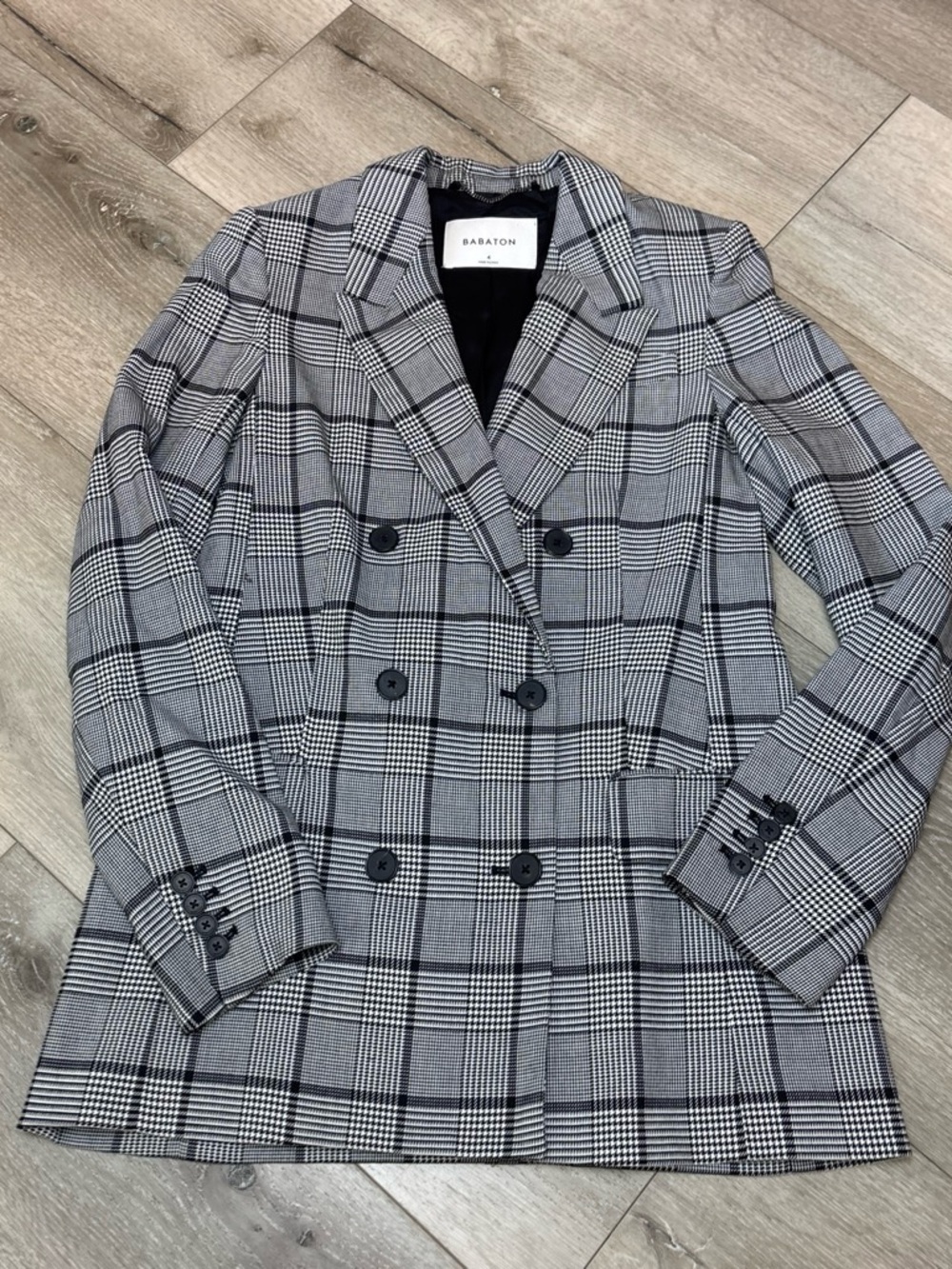 Babaton Black and Gray Glen Plaid Double-Breasted Blazer